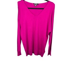 DKNY Silk Cashmere Cold Shoulder V-Neck Sweater Magenta Pink Womens Medium